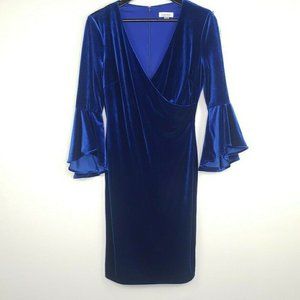 Calvin Klein NWT Women's Blue Velvet Dress Size 8 Bell Sleeves V Neck